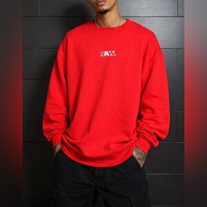 RAW GEAR Oversized Red Crewneck Pullover Sweatshirt Unisex Men’s Sz L NWT